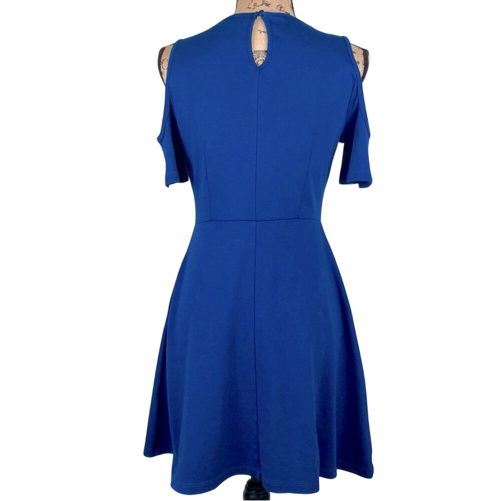 New York & Company Cobalt Blue Cold Shoulder Dress Flattering Fit & Flare Design - Picture 14 of 16